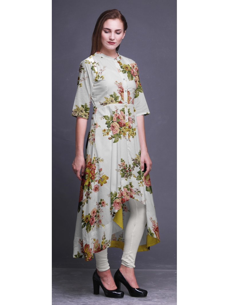 asymmetrical anarkali dress Bimba White Rose Floral Printed For Women Mandarin Collar Indian Kurtis Kurta-Large Neck type April 2023 Women's Linen Blend V Size:3X / US 26-28