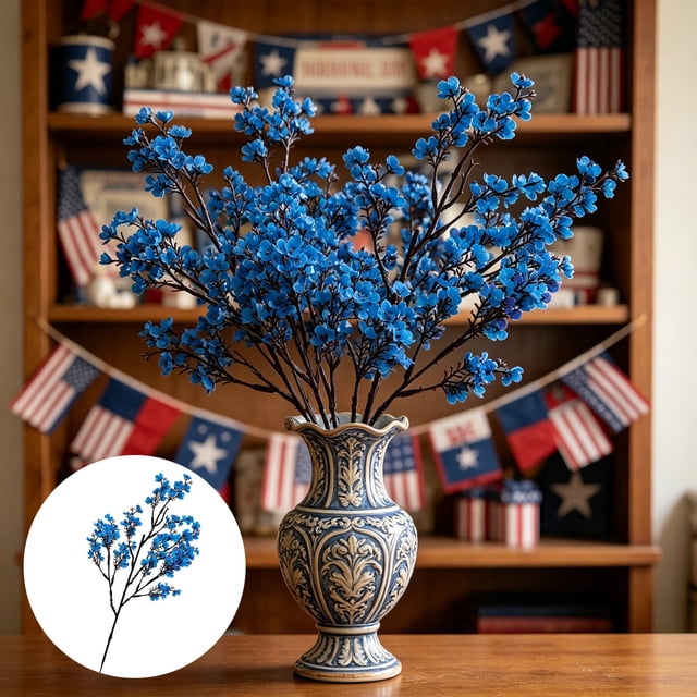 Flores artificiales de ciruelo y flores de seda Baby's Breath, ramo floral artificial de tres piezas para el Día de la Independencia Patriótico, Boda y Decoración del Hogar