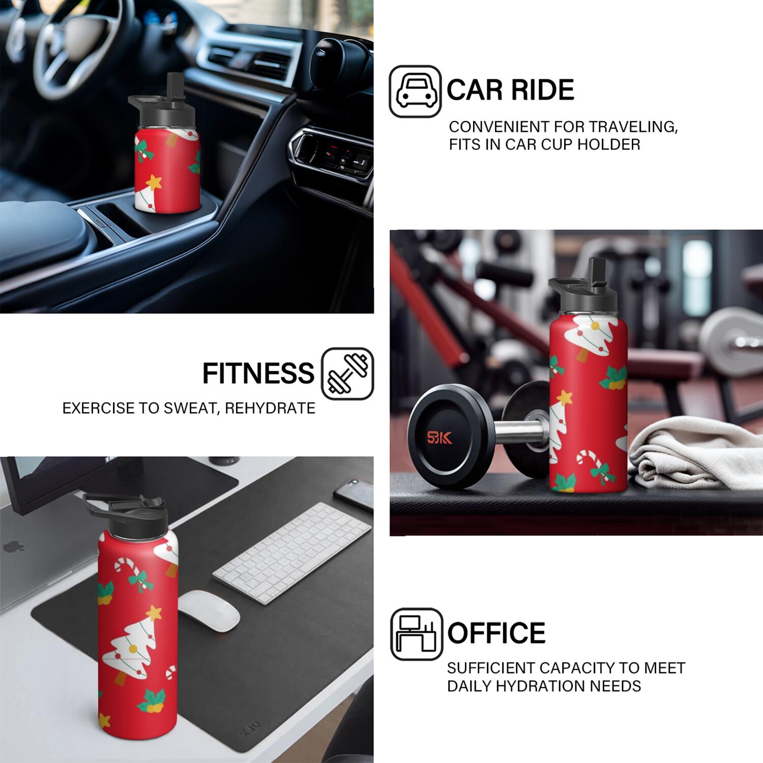 Christmas 18 oz Insulated Stainless Steel Water Bottle with Straw & Cleaning Brush , Leakproof, BPA-Free, 304 Stainless Steel, Wide Mouth, Travel Mug for Car, Gym, Office