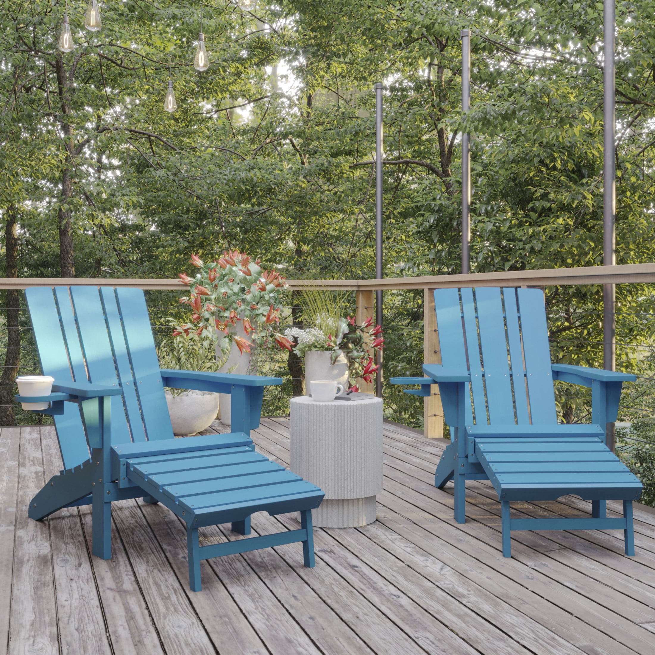 Flash Furniture Halifax HDPE Adirondack Chair with Cup Holder and Pull Out Ottoman, All-Weather HDPE Indoor/Outdoor Lounge Chair in Blue, Set of 2