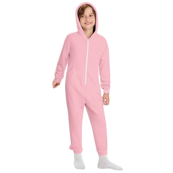 Peichun Kids Girls Boys Solid Color Long Sleeves Full Zipper Hooded Rompers Soft Comfortable Sweatershirt Jumpsuits for Children Loose Warm Fall Winter One-Piece Loungewear 5-16 Years