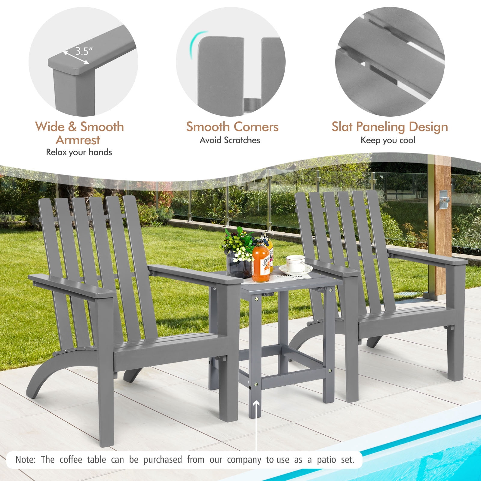 Patiojoy Wooden Adirondack Chair W/Ergonomic Design Outdoor Lounge Armchair Acacia Wood chair for Yard&Patio Gray