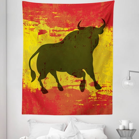 Spanish Tapestry, Bull Silhouette on Spanish Flag Grunge National Elements Paint Stains, Fabric Wall Hanging Decor for Bedroom Living Room Dorm, 5 Sizes, Vermilion Yellow Umber, by Ambesonne
