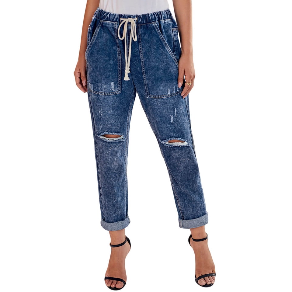 distressed pocketed denim joggers