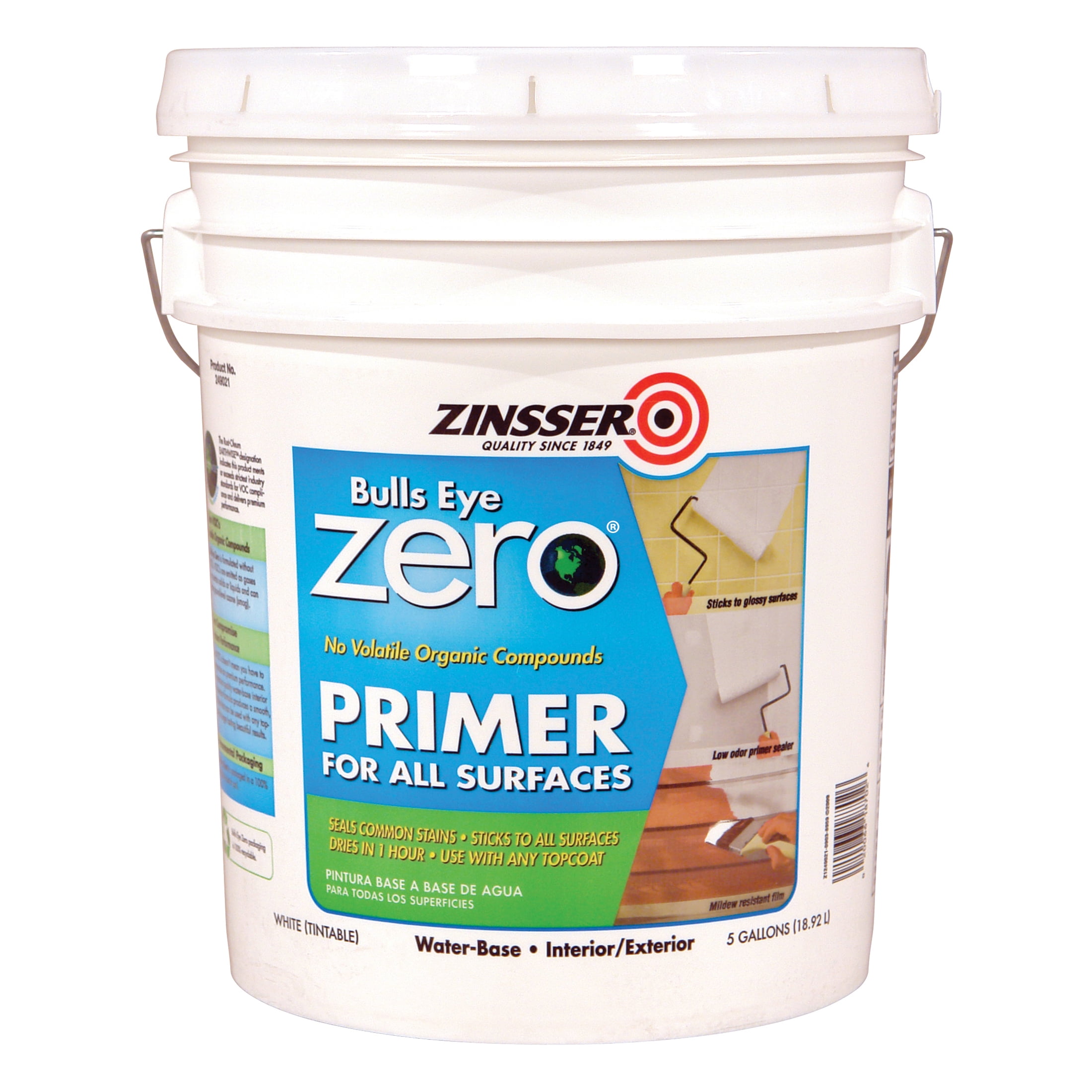 White, Zinsser Bulls Eye Zero Interior/Exterior Water-Based Flat Primer- 249021, 5 Gallon- 1 Pack
