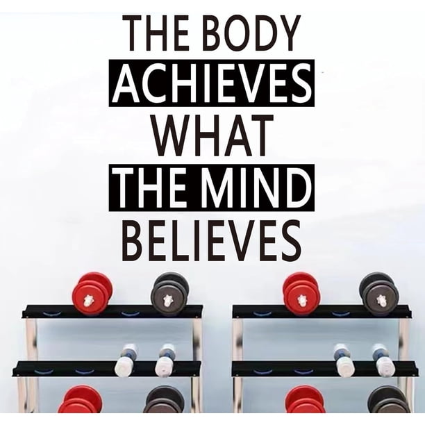 SEATUNE Gym Wall Stickers – Inspirational Quote "The Body Achieves What The Mind Believes" – 15x18 Inch Vinyl Decal For Office, Bedroom, Garage