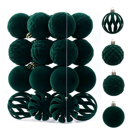 6cm Green Velvet Christmas Ornaments Set, 24Pcs Shatterproof Felt Christmas Balls, Holiday Decor, Vintage Flocked Finish, Multi Designs for Tree Wreath Garland Mantle Stairs Decor