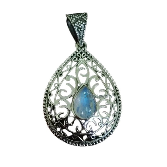 Solid 925 Sterling Silver Pendant For Women Men, Genuine Rainbow Moonstone Pear Gemstone Amazing Handcrafted June Birthstone Jewelry
