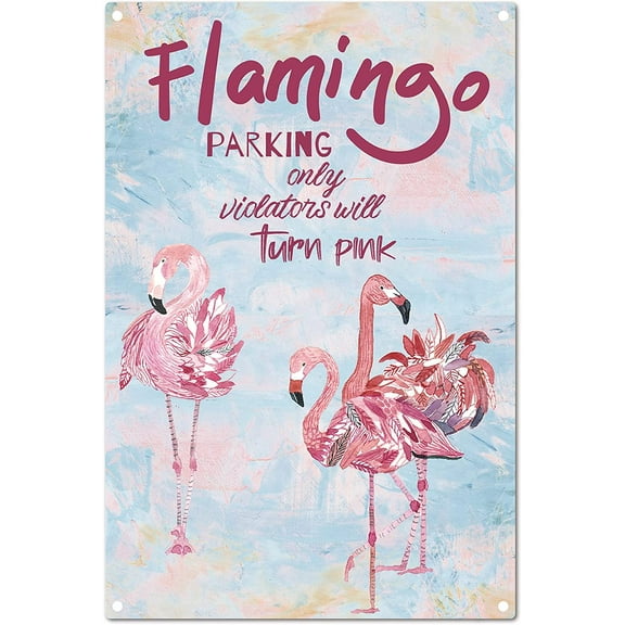 Funny Metal Tin Sign Flamingo Parking Only Violators Will Turn Pink Retro Vintage Wall Art Decor Outdoor Garden Indoor House Bathroom Door Yard Decorations 8X12Inch