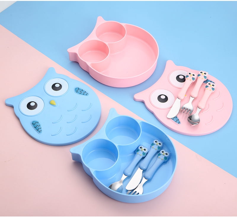 Cute Cartoon Lunch Box, Plastic 3 Compartments Food Container with Spoon and Fork, Cartoon Owl Bento Box Food Safe Microwave Storage Container