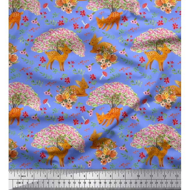 Soimoi Polyester Crepe Fabric Tree,Floral & Deer Animal Fabric Prints by Yard 42 Inch Wide
