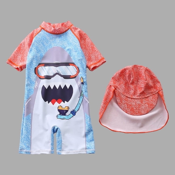 Rggeeun Boys Child Swimsuit Set 2Pc Cute Cartoon Animal Pattern Short Sleeve Crew Neck Elastic Above Knee with Cover Up Hat for Summer Water Surfing Classic Swim Wear,Orange,2-3 Years