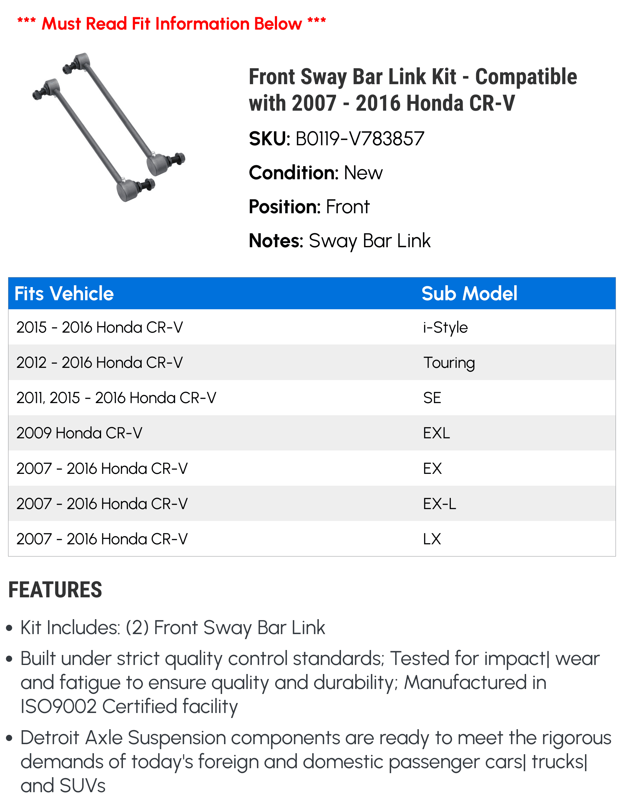 Front Sway Bar Link Kit - Compatible with 2007 - 2016 Honda CR-V 2008 2009 2010 2011 2012 2013 2014 2015