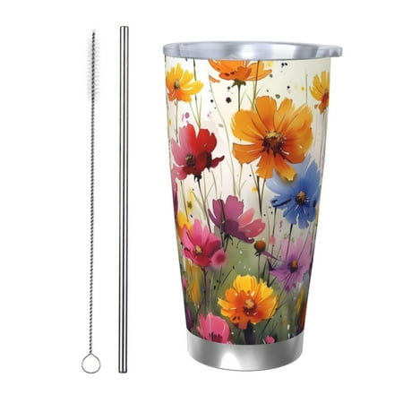

Fuzoiu Colorful Wildflower Meadow Print 20oz Tumbler Stainless Steel Vacuum Insulated Car Cup Insulated Coffee Mug Travel Mug with Lid Thermal Cup for Outdoor-Straw Two-piece Set