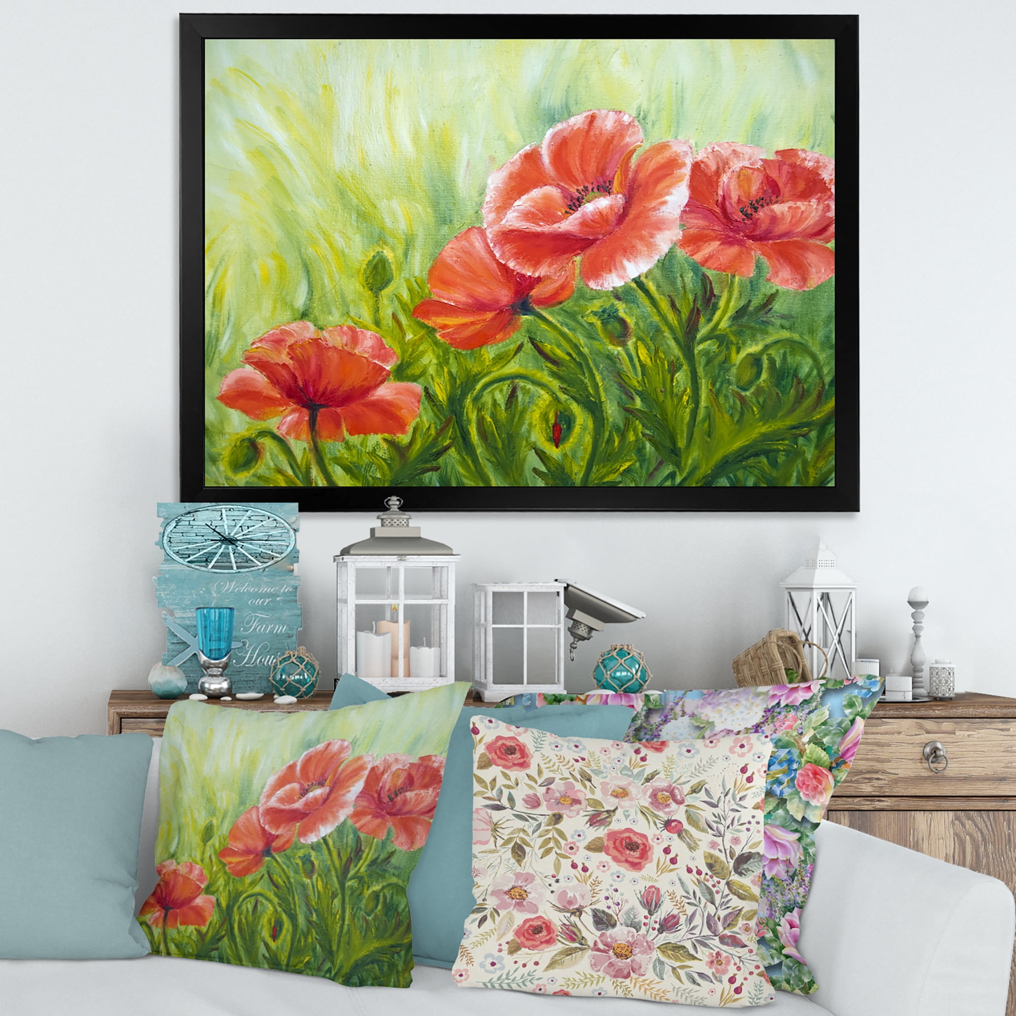 Designart 'Red Blossoming Poppies Over Wild Green III' Traditional Framed Art Print