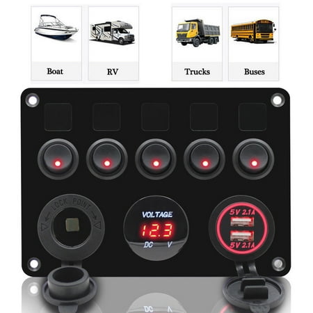 Multi-Functions 5 Gang ON-OFF Toggle Switch Panel 2USB for Car SUV Marine RV Truck Camper