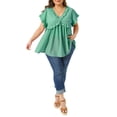 thumbnail image 2 of Agnes Orinda Women's Plus Size Easter Top Ruffle Trim V Neck Short Sleeve Casual Summer Cute Babydoll Blouses 3X Green, 2 of 6