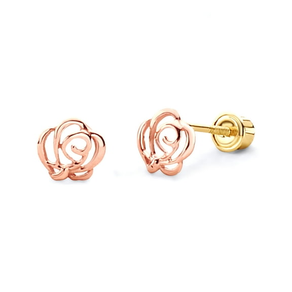 Wellingsale 14K Rose Gold Polished Flower Stud Earrings With Screw Back