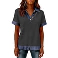 thumbnail image 4 of Dwellite Women's Short Sleeve Shirt with Denim Collar Cuffs Buttons Decor V-Neck Tops Dressy Casual Office Blouses Dark Gray 2XL, 4 of 6