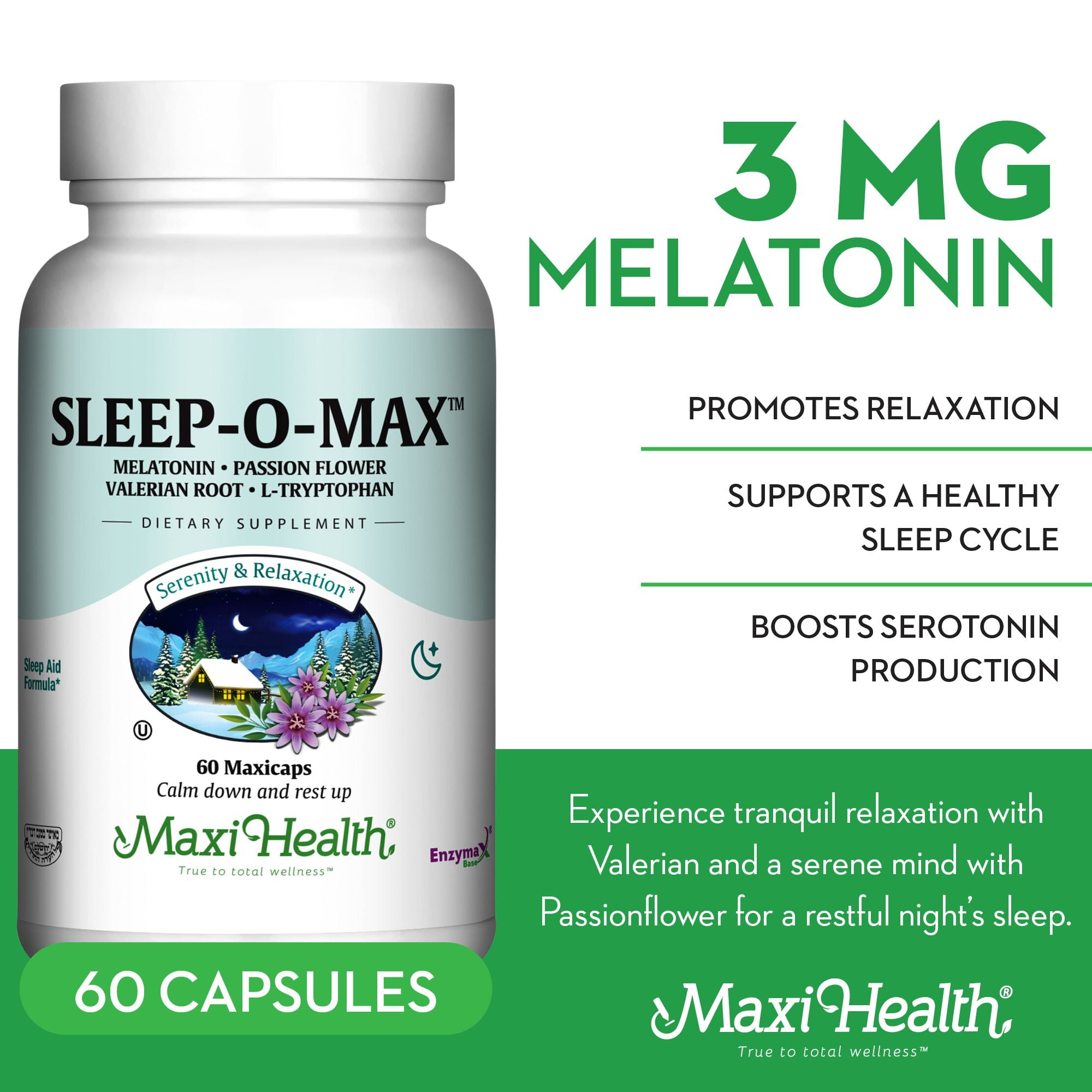 Maxi Health Sleep-O-Max – Natural Sleep Support with Valerian, Melatonin & Tryptophan – 60 Capsules