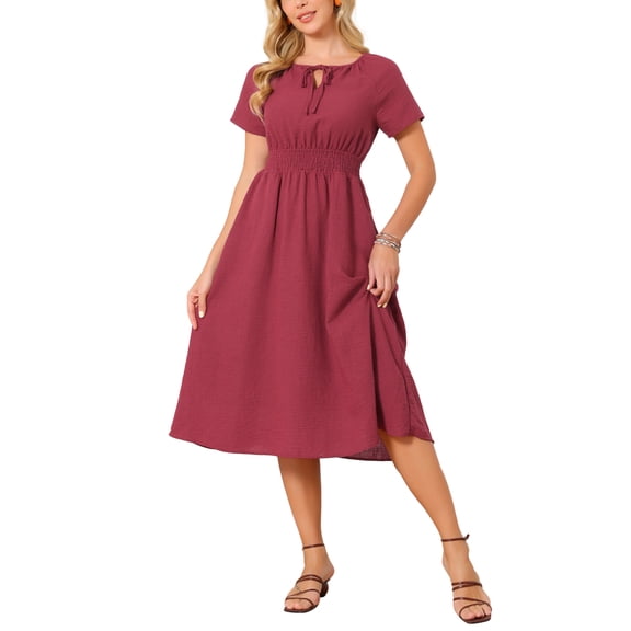 INSPIRE CHIC Women's Sundress Tie V Neck Smocked High Waist A-line Casual Midi Dress Wine Red S