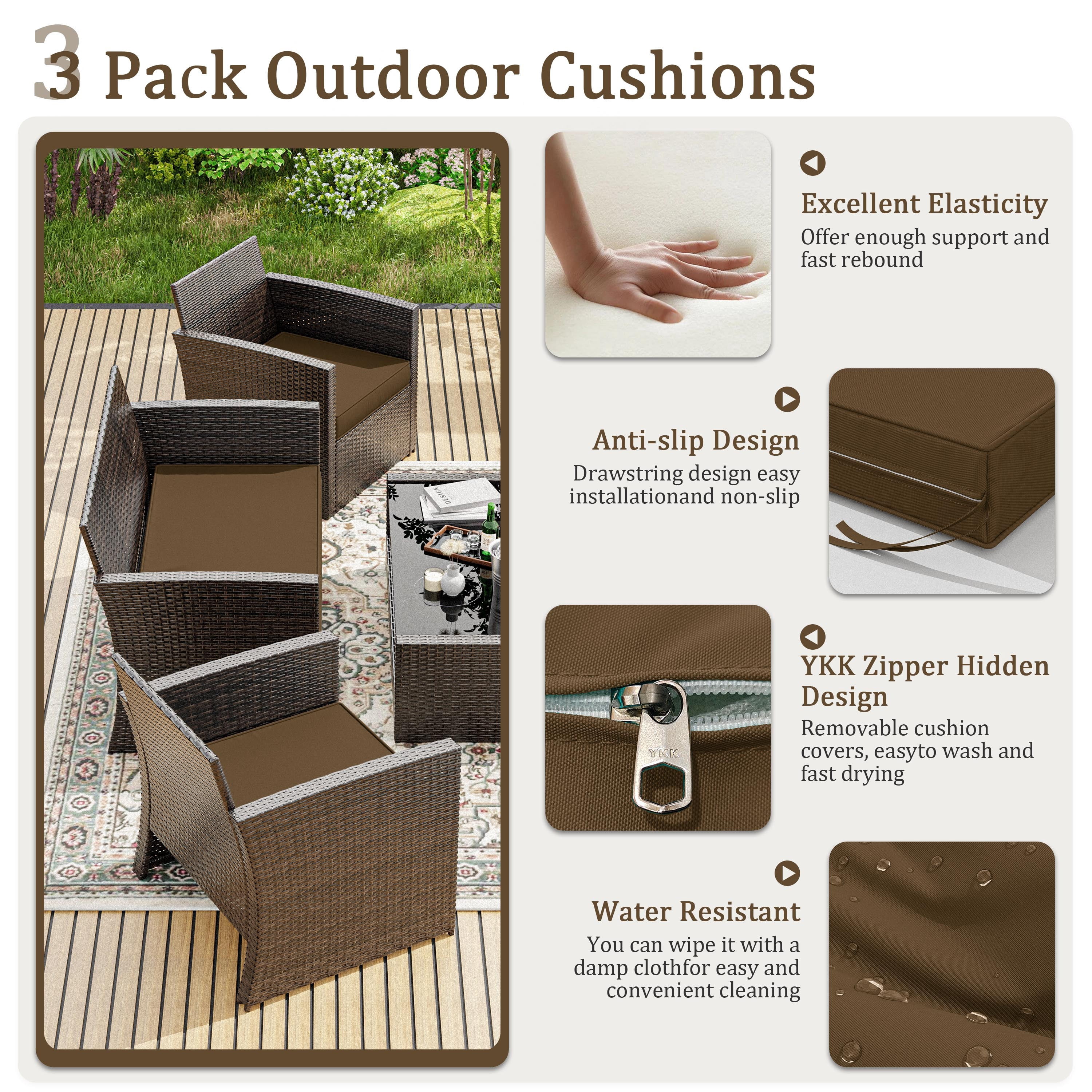 Snubbull 3 Pack Outdoor Replacement Cushions for 4-Seater Wicker Rattan Loveseat Sofa Chair Patio Furniture, 36 x 18 x 3,18 x 18 x 3, Chocolate