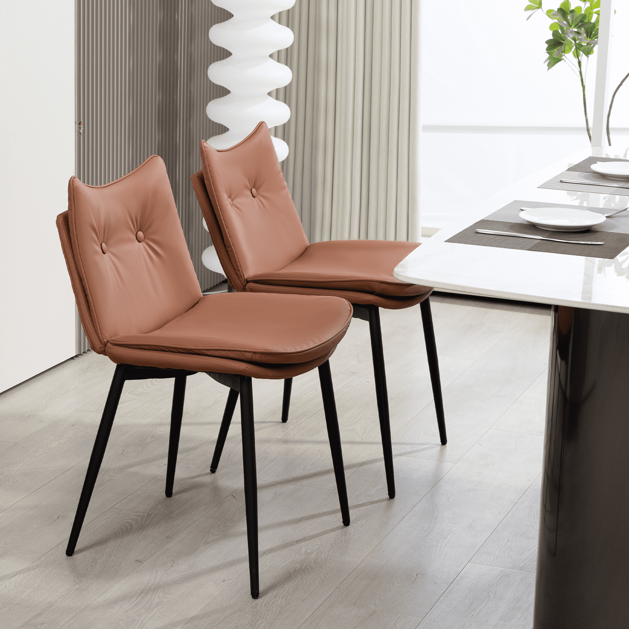 Homhum Upholstered Dining Chairs Set of 2, Faux Leather Kitchen Chairs w/ Button Tufted Back, Brown