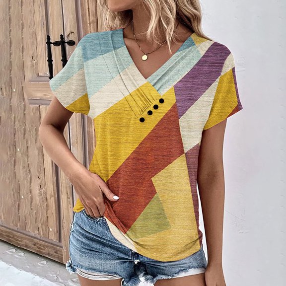 Fesfesfes T Women Fashion Women Summer Print V-Neck T-Shirt Button Short Sleeve Casual Blouse V Neck Shirts Women M(US:6)