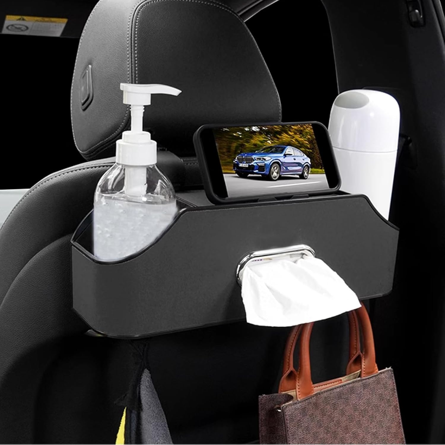 CEDQ Car Seat Back Organizer - Stylish & Functional Storage for Family Adventures - Cup Holders, Tissue Box & Hooks - Car Interior Accessories Perfect for Kids, Road Trips & Travel (Black)