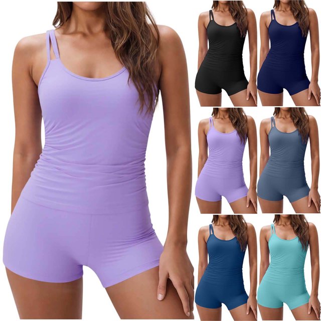 UPPADA Womens Two Piece Tankini Set Solid Spaghetti Straps Swimsuits with Brief Tummy Control Modest Bathing Suits Full Coverage 2 Piece Beachwear Long Torso Tankini Tops for Women Purple,M