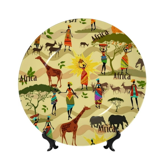 Picia Ethnic African Pattern Bone China Decorative Plate – Wall Decor with Stand and Adhesive, Elegant Ornament for Living Room, Office, or Entryway-10in