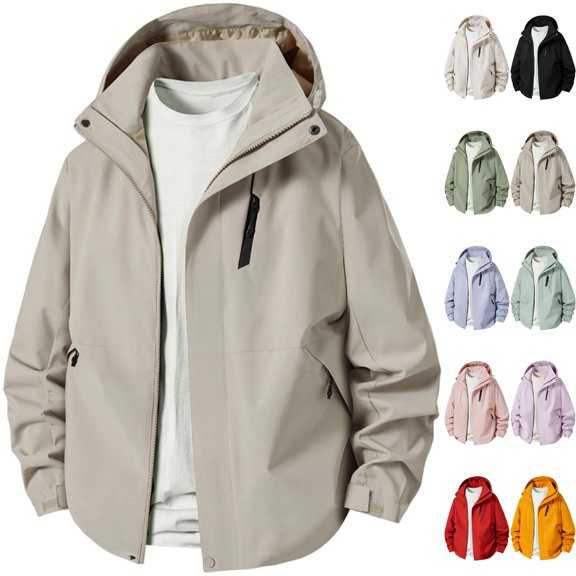 Men's Lightweight Windbreaker Hooded Rain Jacket with Adjustable Cuffs Windproof Tech Shell Coat with Zipper Pockets for Hiking Camping Travel, Khaki, XL