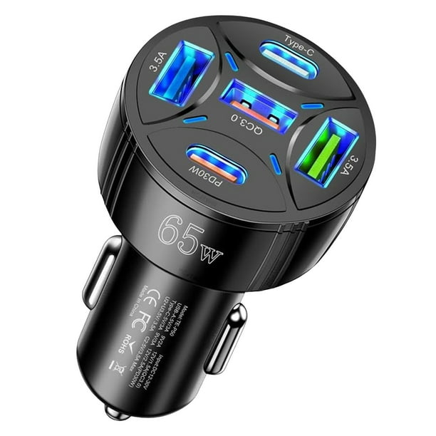 Cargador de coche de 65W Puerto Quint Hub de carga rápida de alta potencia de 1 a 5 puertos USB Adaptador de coche para smartphones y dispositivos