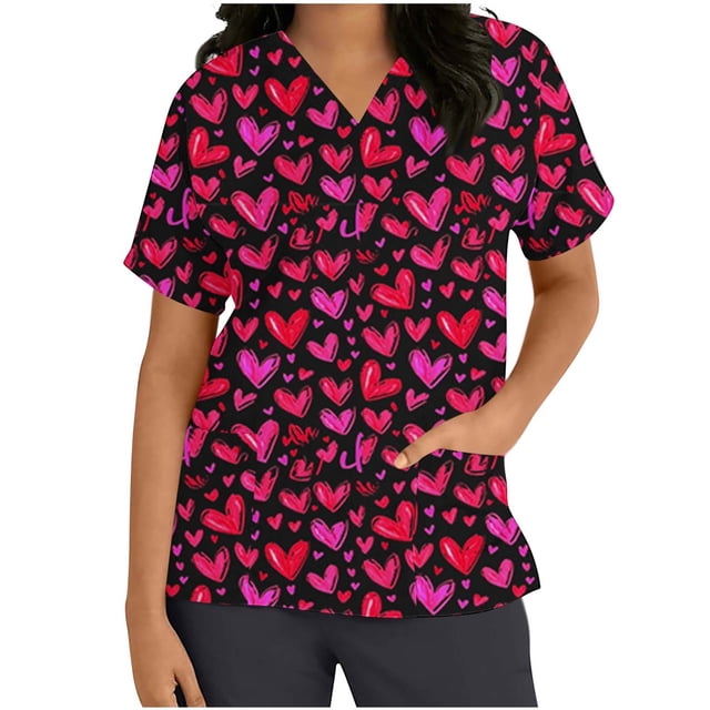 Camiseta de Manga Corta con Cuello en V Impresa para Mujeres con Bolsillo, Desgaste Protector de Poliéster Suave Spandex