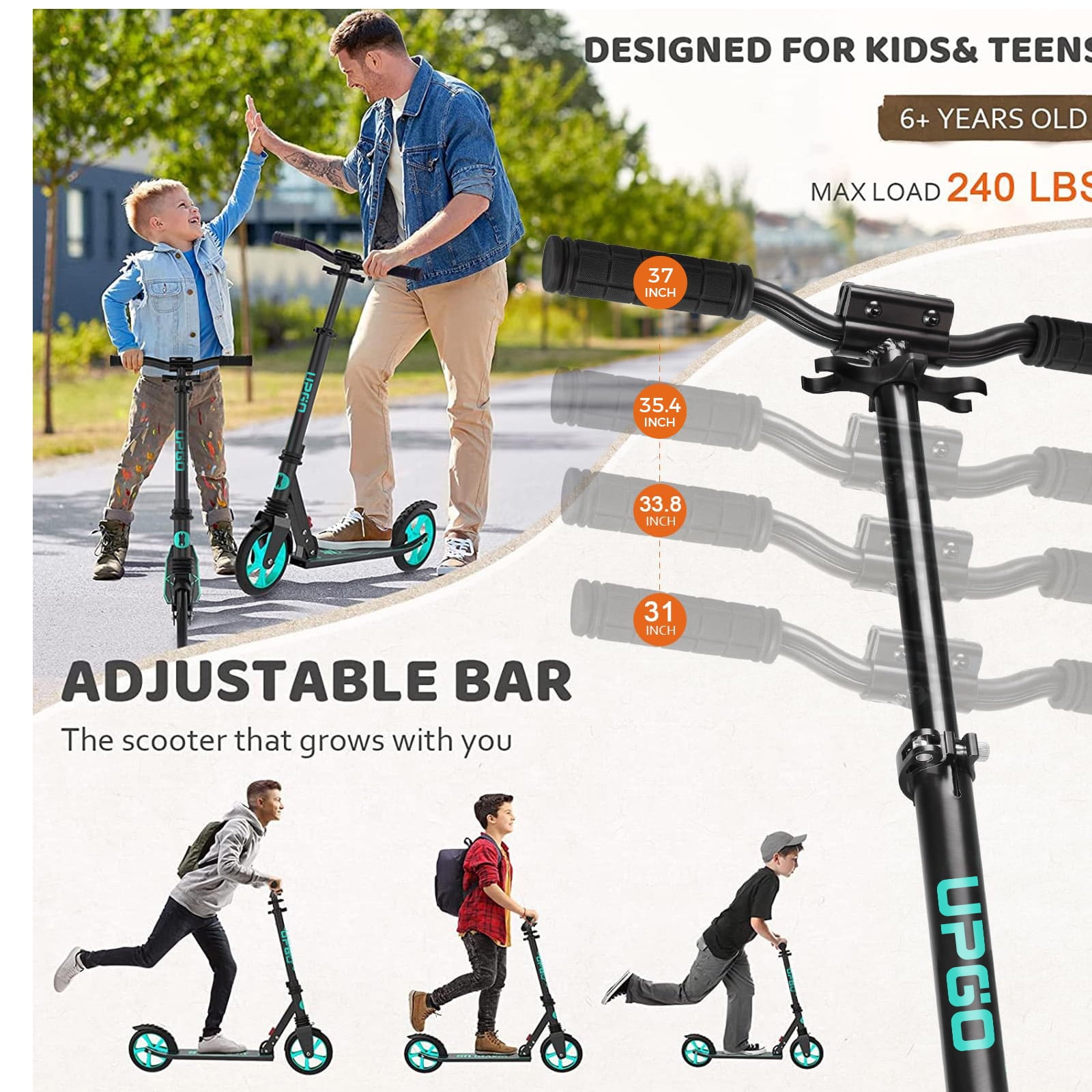 UPGO Kick Scooter for Ages 6+, Kids, Teens & Adults, 240 lb Max Load, Foldable, 8-Inch Wheels,Aquas