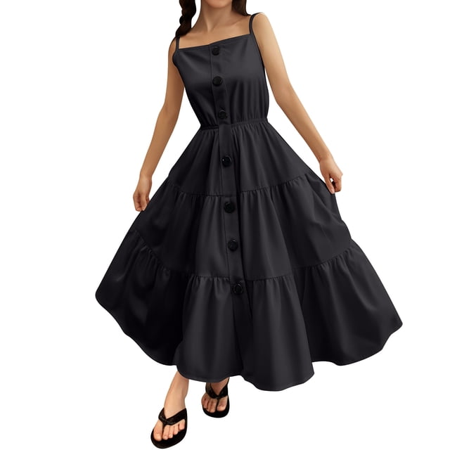 Robes de Printemps pour Filles Enfants Robe d'Été Décontractée à Bretelles Spaghetti Robe Tournante Noire 12 Ans-13 Ans