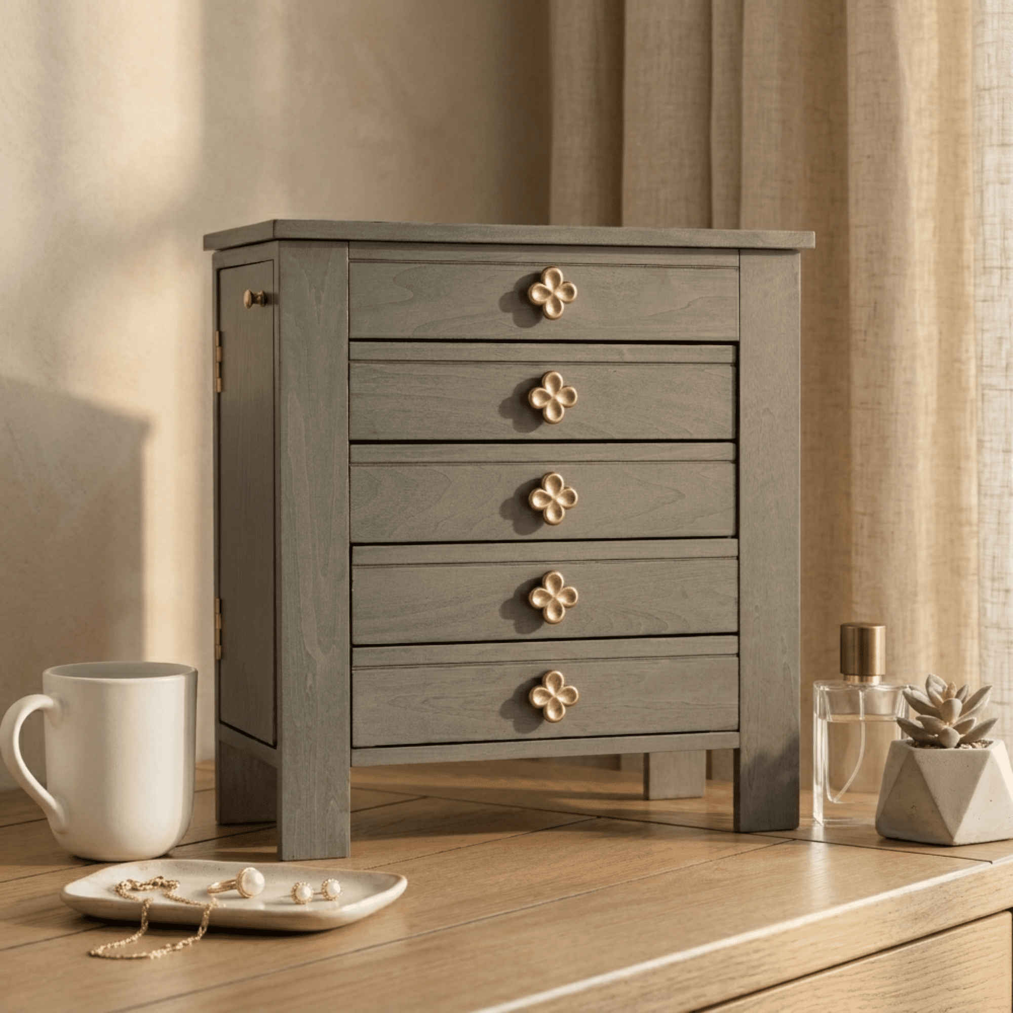 Hives and Honey Emma Wood Jewelry Chest: Modern Grey Tabletop Storage with 4 Drawers for Women