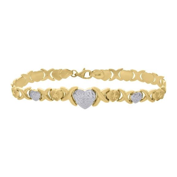 10kt Real Two-tone Gold Womens Heart Link 8" Bracelet