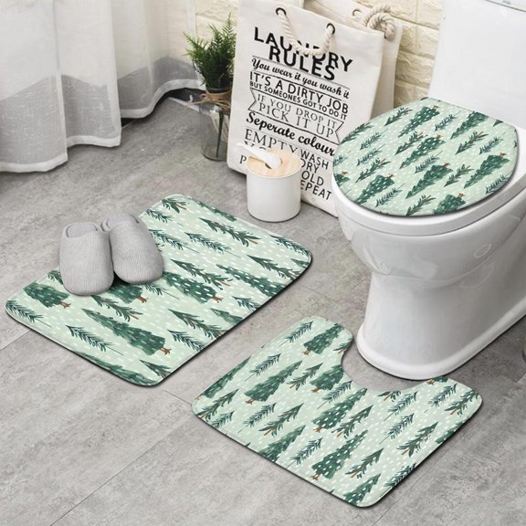 Light Green Christmas Tree and Snow Pattern Bathroom Rugs Sets 3 Piece,Toilet Cover Set,Absorbent Non Slip Bathroom Mats Sets with U-Shaped Contour Rug Toilet Rug Set