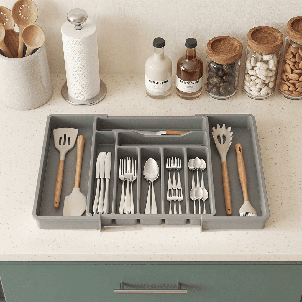 Norcho Expandable Utensil Organizer Drawer, Adjustable Cooking Silverware Tray, Plastic Spatula Tools Divider 13-22.4"x15" Gray
