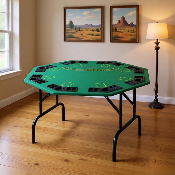 47.25in Octagonal Folding Poker Table 8 Player Professional Blackjack Layout 8 Built In Chip Trays Drink Holders MDF Top Powder Coated Steel Legs Portable Game Table for Game Room Party Bar Home