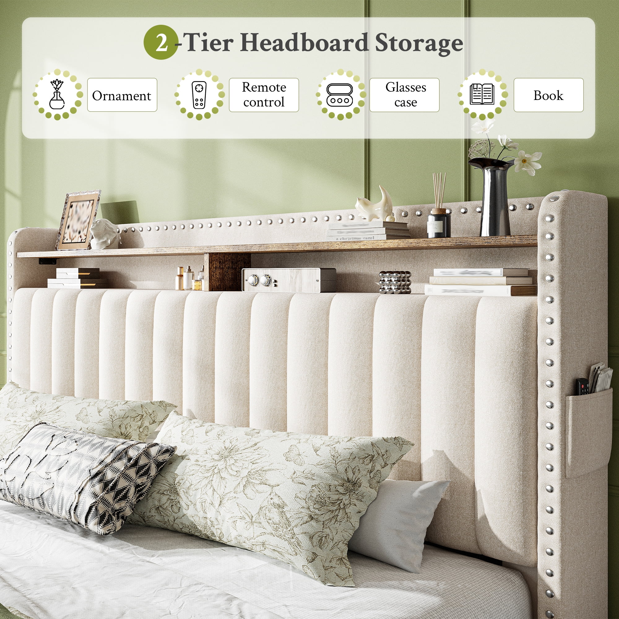 EnHomee King Size Modern Metal and Wood Standard Bed with Storage, Beige