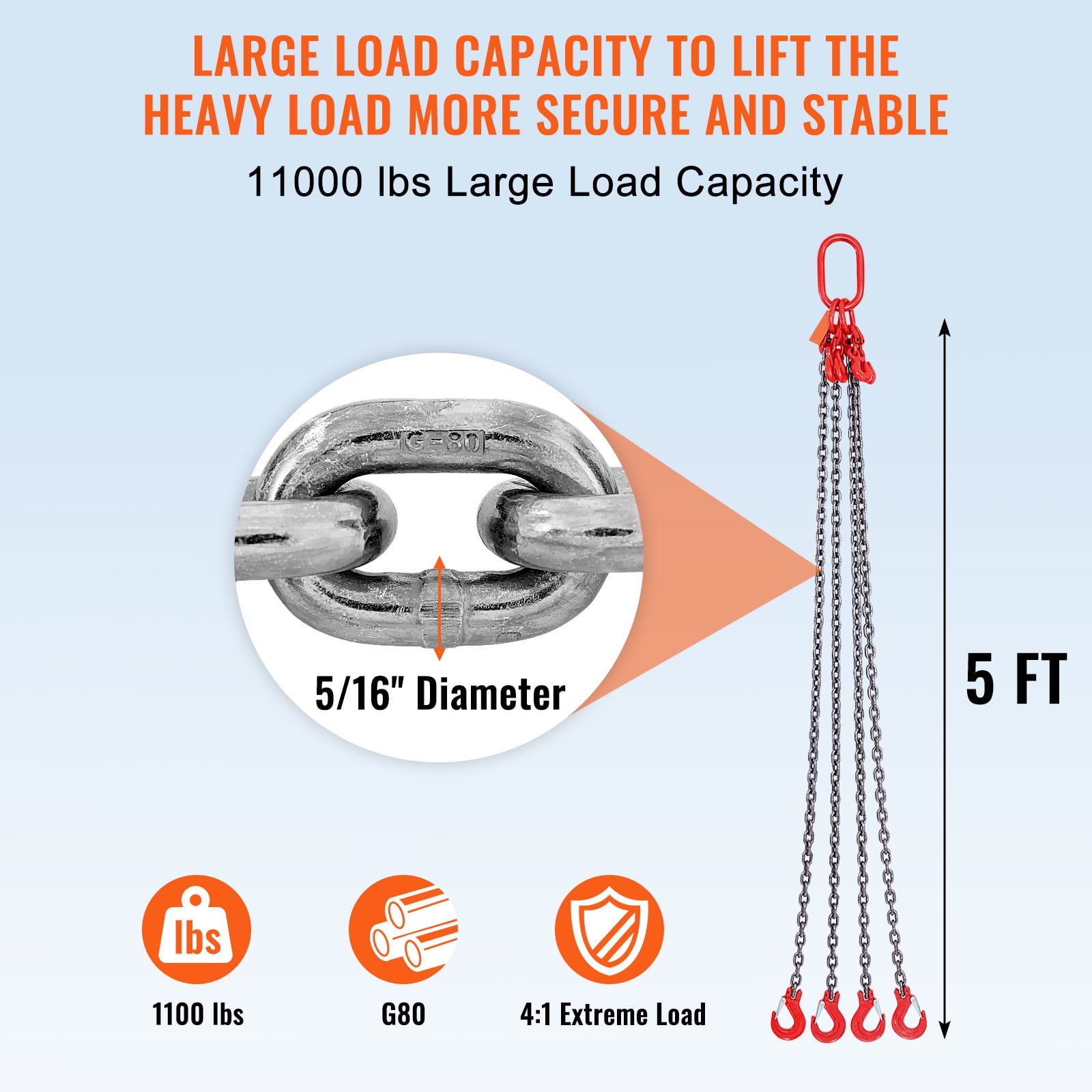 KFFKFF Chain Sling, 5/16 inch x 5 ft Lifting Chains with Hooks, G80 Engine Chain Hoist Lifts, 11000 lbs/5 Ton Lifting Sling Chains for Engine Hoist, Engine Lift Chain with 4 Leg Grab Hooks