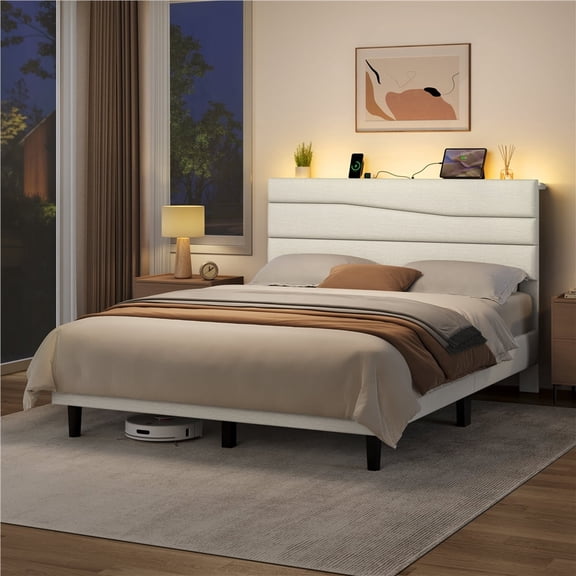 Yaheetech Queen Upholstered Platform Bed Frame with LED Lights & Charging Station, Beige