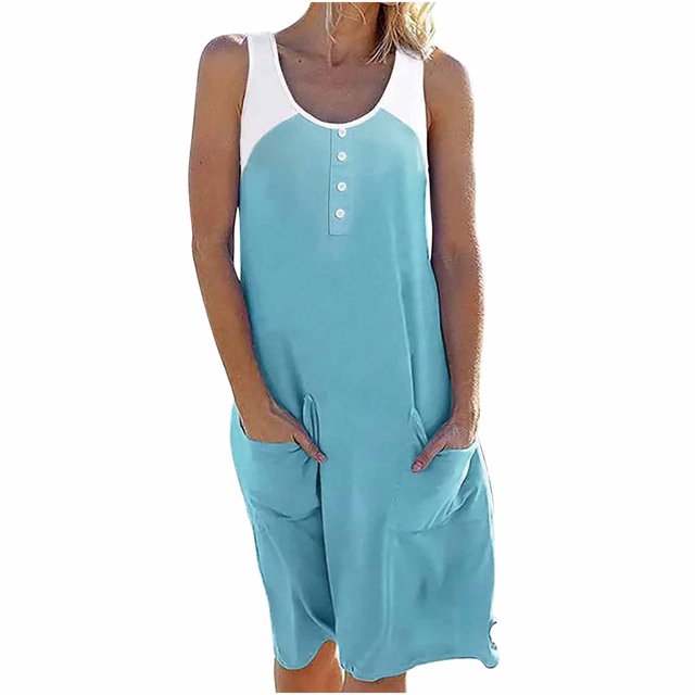 Vestido informal de verano para mujer, sin mangas, hasta la rodilla, plisado, con estampado de bolsillo Pompotops ghjkhdj3690