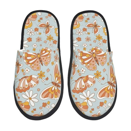 Balery Retro Floral Butterfly Slient Indoor Furry Fleece Comfort House Shoes Soft Non-Slip Home Shoes Cotton slippers House Slippers-- Large