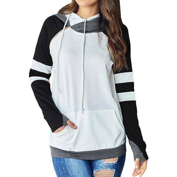 LUXUR Women Sweatshirt Color Block Pullover Long Sleeve Hoodies Loose Fit  Hooded Tops Striped White Black XXL