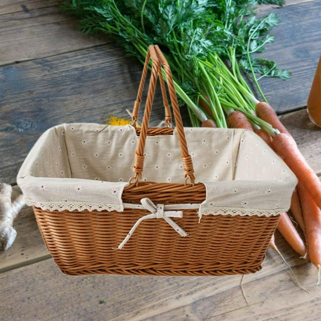 Cesta de picnic de mimbre de imitación, cesta de frutas rural con asa, picnic ligero Estilo E