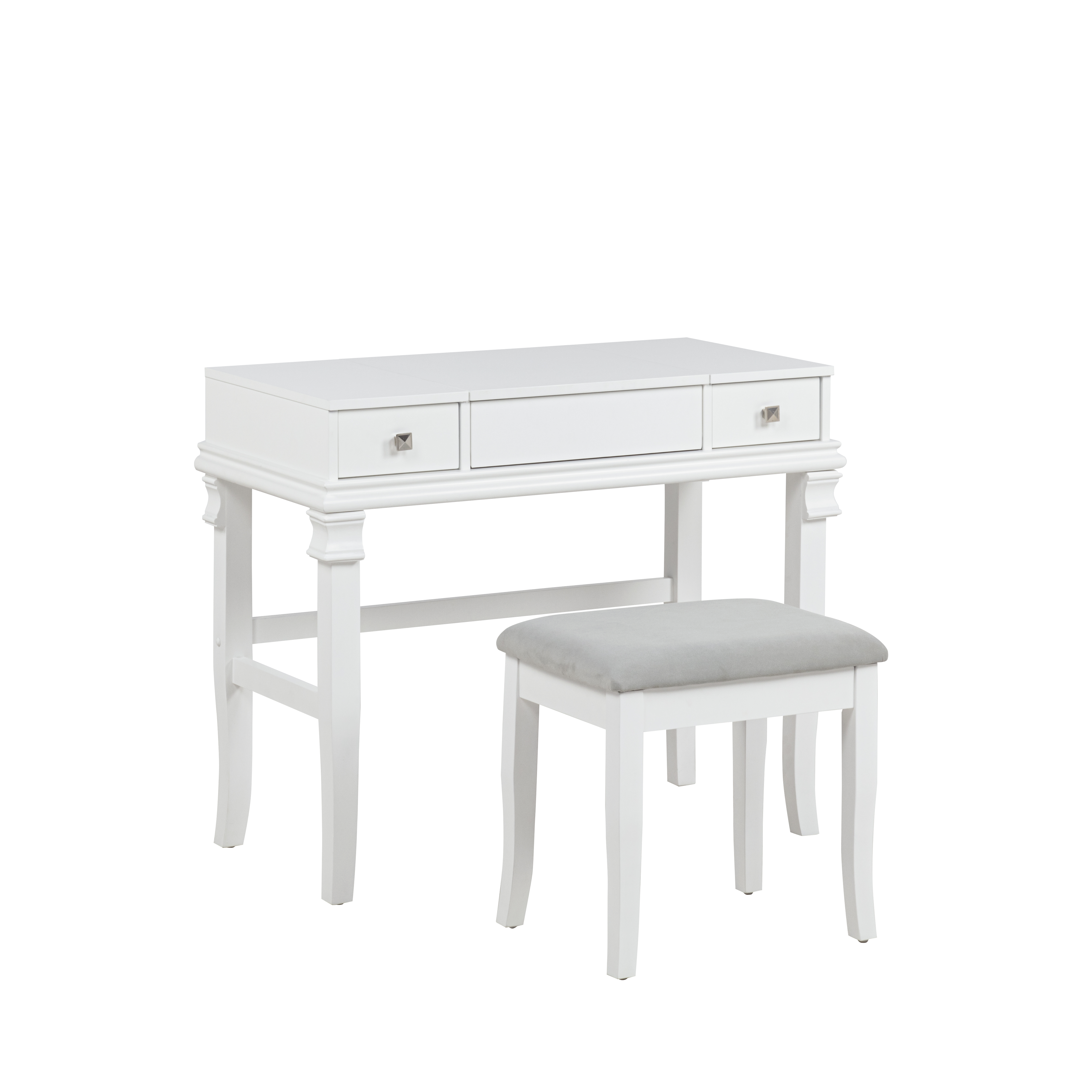 Linon Morton 2-Piece Vanity Set with Flip-Top Mirror and Upholstered Stool, White & Gray