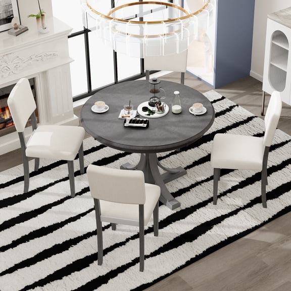 YIYADO Round Solid Wood Dining Table Set for 4, 5 Piece Mid-Century Kitchen and Dining Room Furniture with Upholstered Chairs, Radial Grain Finish, Gray